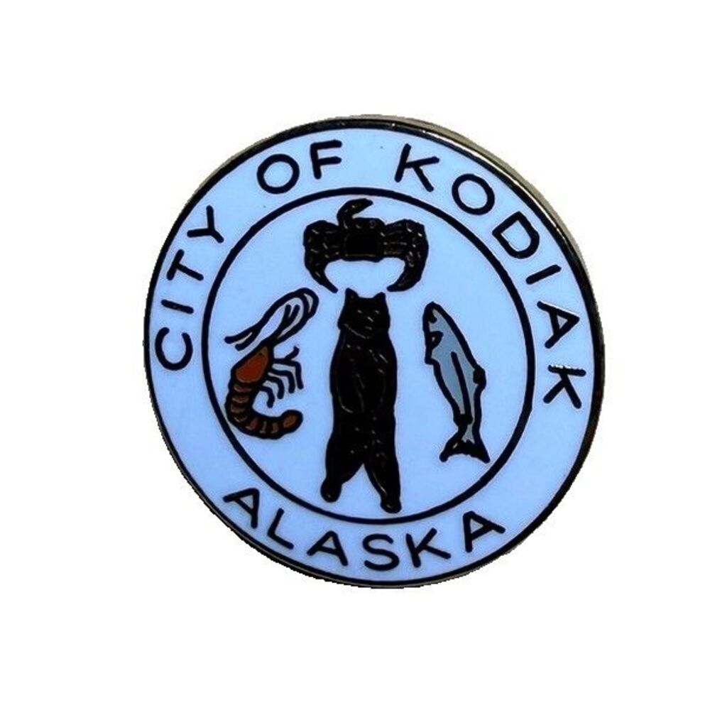 Vtg City of Kodiak Alaska Official Seal Enamel Lapel Pin Bear Fish Shrimp